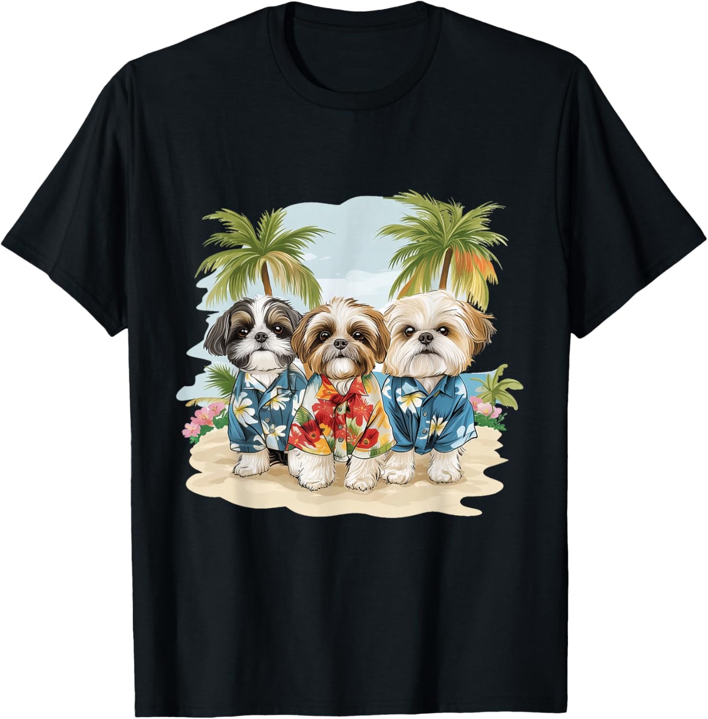 Cute Shih Tzu Dogs Hawaiian Tops Palm Trees Ocean Colorful T-Shirt - T-Shirt | Black