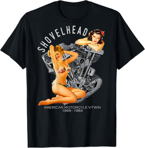Shovelhead Retro Pinup V-Twin Engine 1966 Motorcycle Gear T-Shirt - T-Shirt | Black