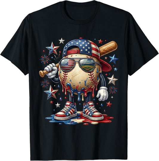 Patriotic Baseball Drip American Flag Cap 4th of July Sports T-Shirt - T-Shirt | Black