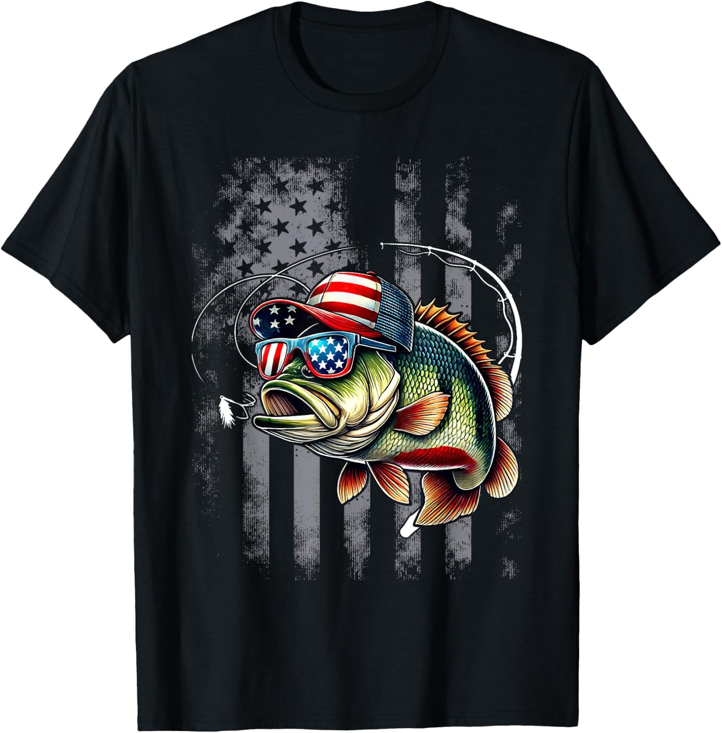 Funny Fishing & Fisherman American Flag T-Shirt - T-Shirt | Black