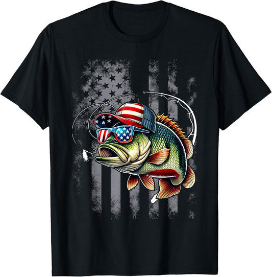 Funny Fishing & Fisherman American Flag T-Shirt - T-Shirt | Black
