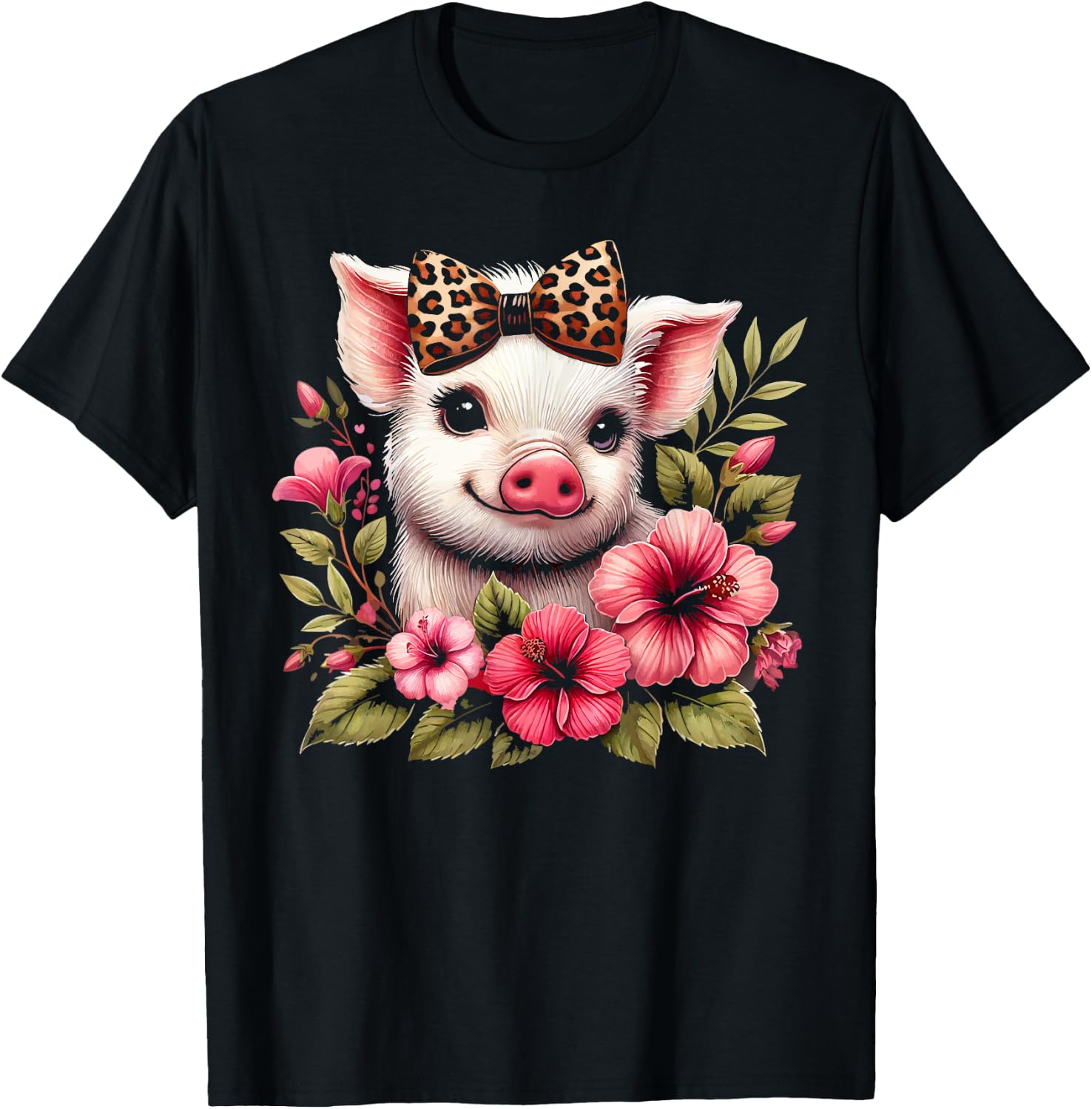 Pig With Leopard Headband Flower Cute Pig Lover T-Shirt - T-Shirt | Black