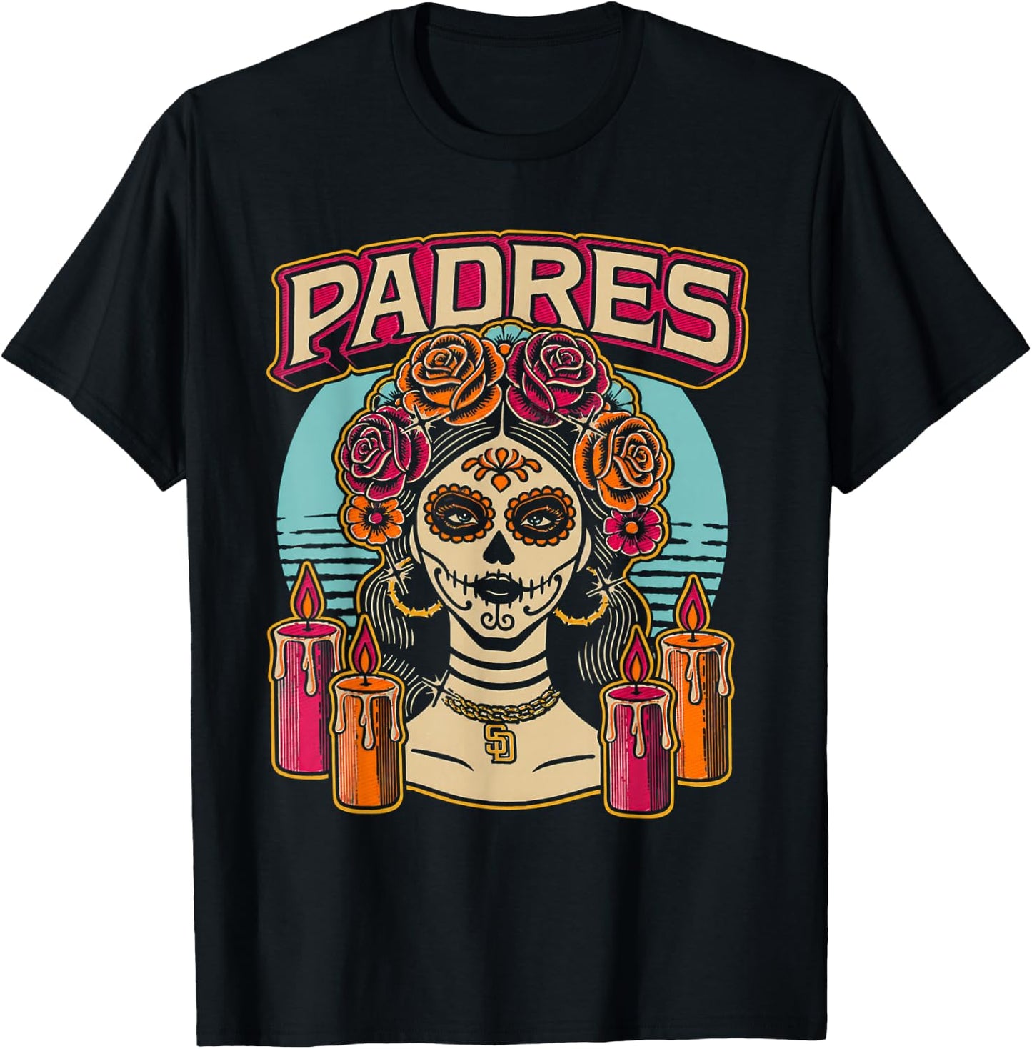 Vintage Padres Sugar Skull Catrina Roses Baseball Fan T-Shirt - T-Shirt | Black