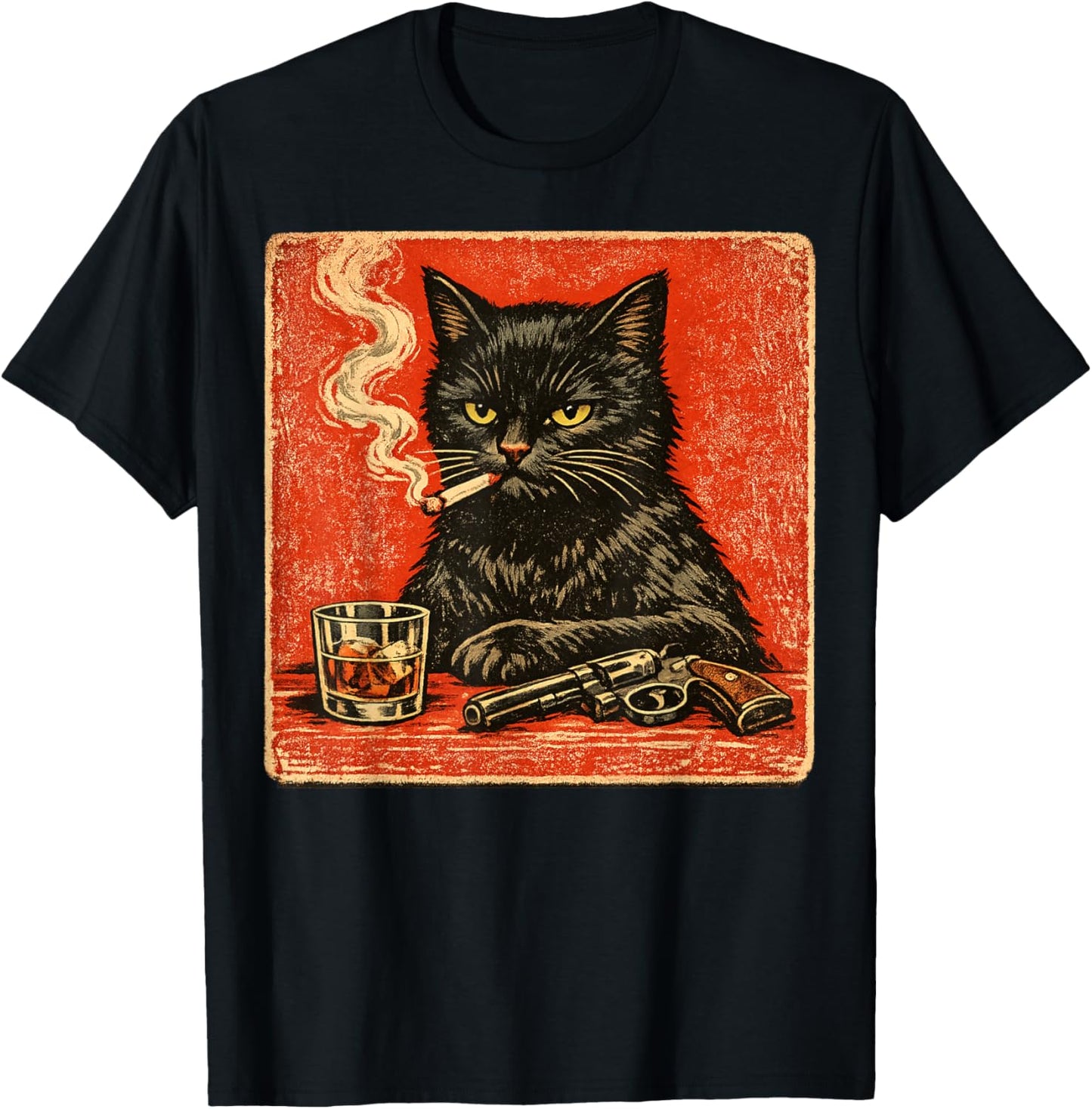 Black cat Smoking Cigarette and Drinking with Gun T-Shirt - T-Shirt | Black