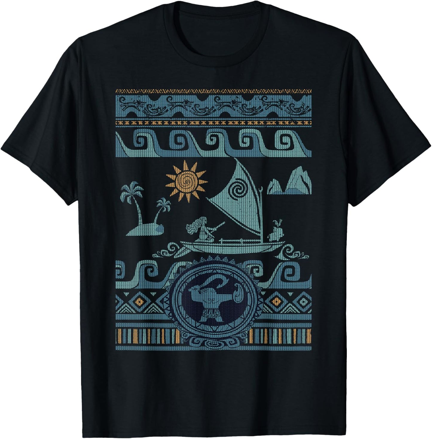 Disney Moana Stitch Ocean Voyage Pattern Ugly Sweater Style T-Shirt - T-Shirt | Black