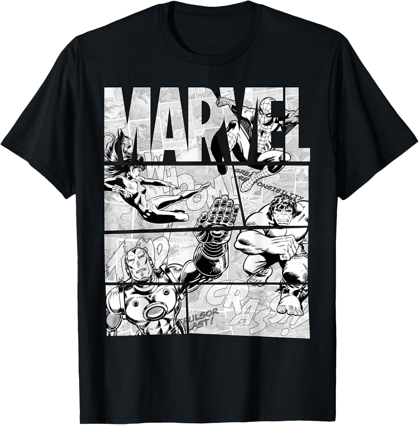 Marvel Avengers Retro Black and White Comic Graphic Short Sleeve T-Shirt - T-Shirt | Black