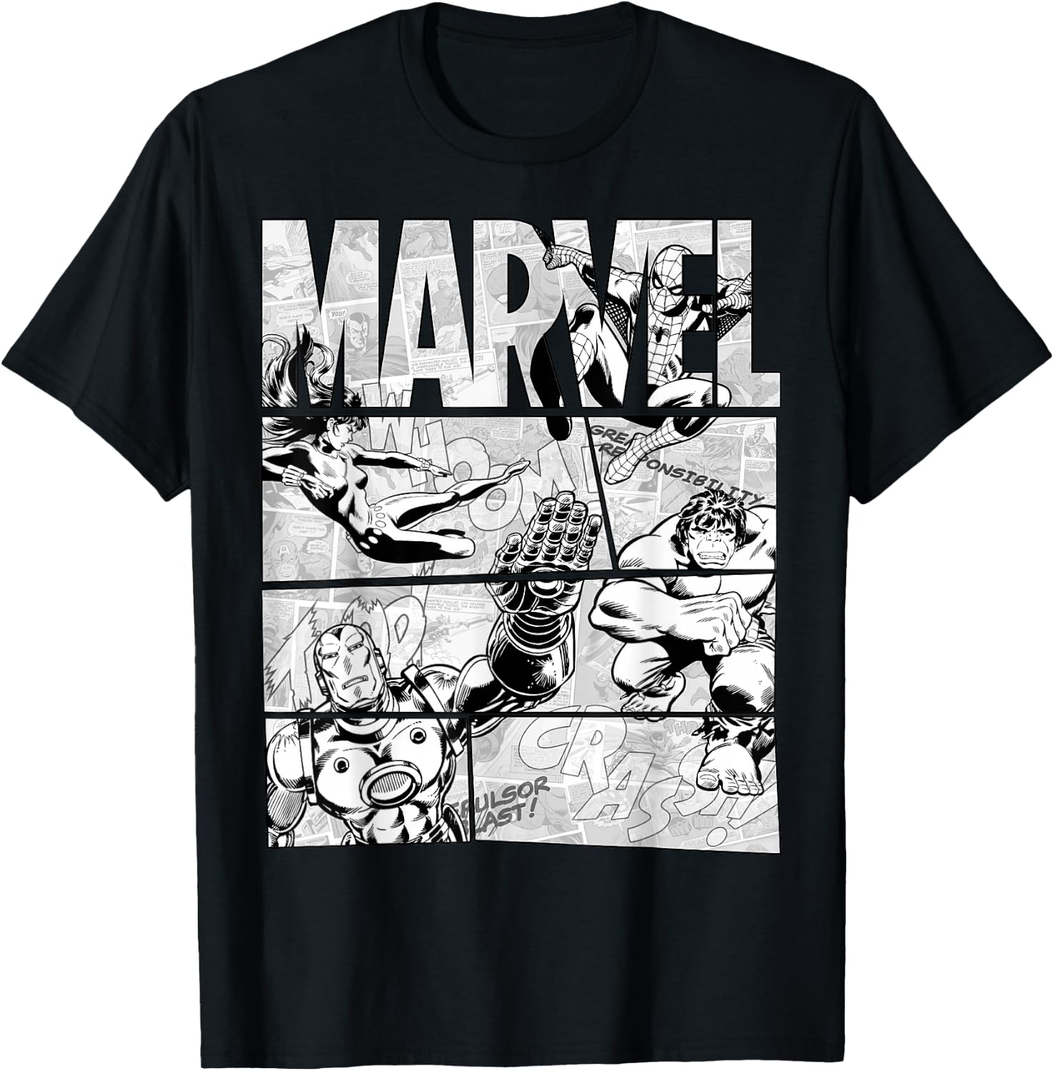 Marvel Avengers Retro Black and White Comic Graphic Short Sleeve T-Shirt - T-Shirt | Black