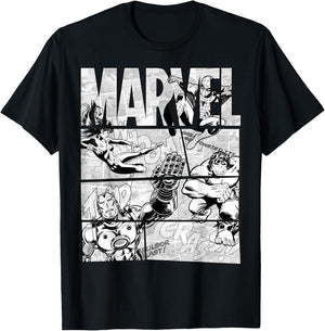 Marvel Avengers Retro Black and White Comic Graphic Short Sleeve T-Shirt - T-Shirt | Black