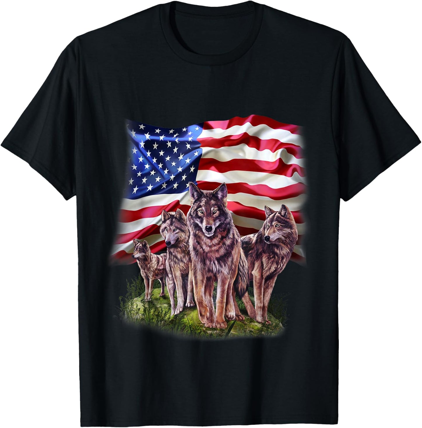 Patriotic USA Wolves Pack, North America Wolf T-Shirt - T-Shirt | Black