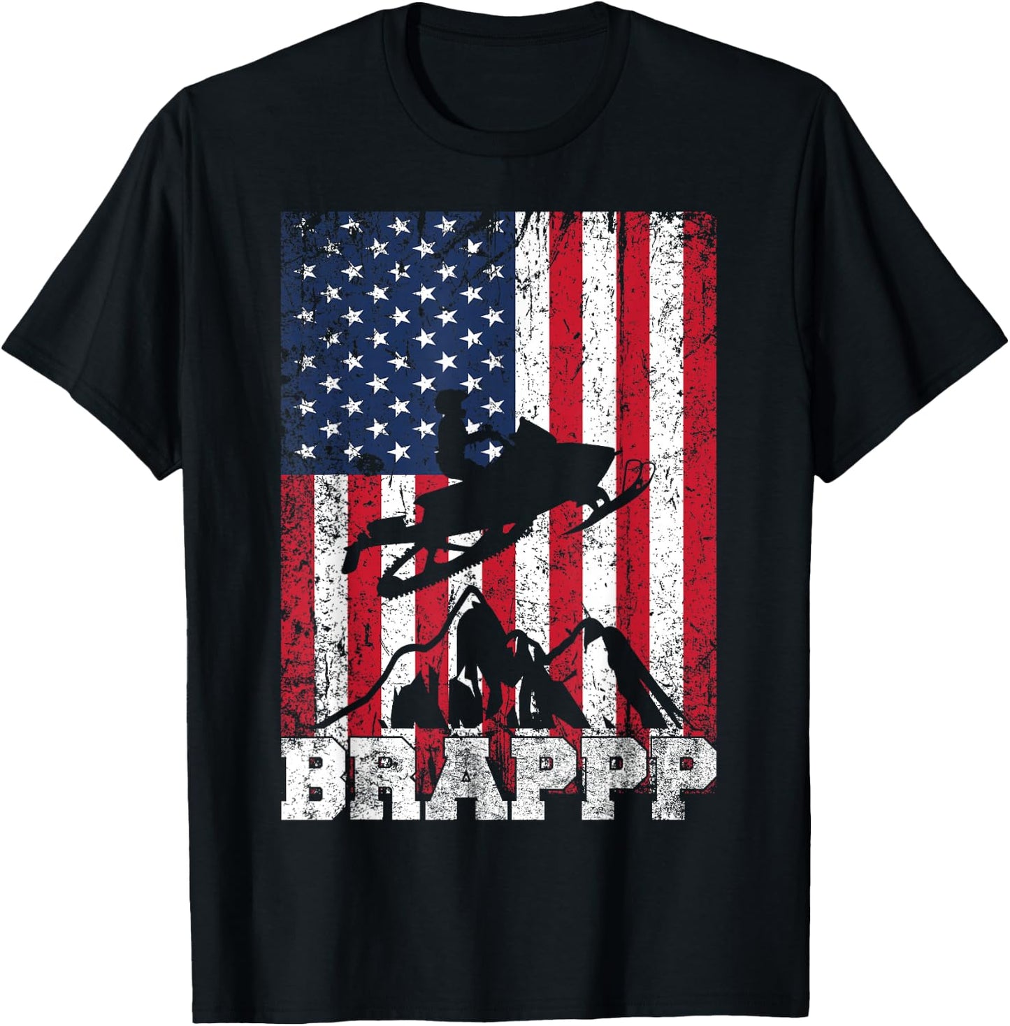 USA American Flag Snowmobiling Brap Snowmobile Rider Winter T-Shirt - T-Shirt | Black
