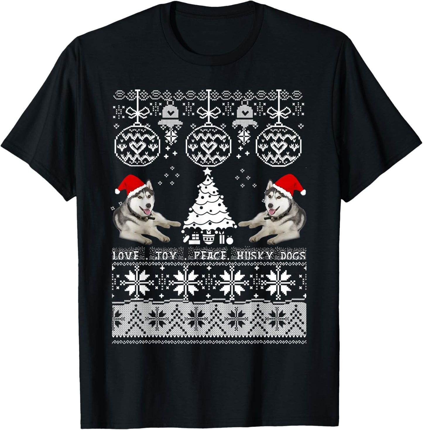 Cute Husky Christmas Sweater Shirt-Love Joy Peace Husky Dogs T-Shirt - T-Shirt | Black