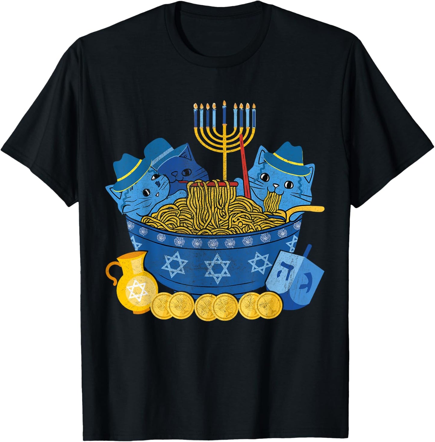 Jewish Cats Ramen Kitten Anime Hanukkah Pajamas Chanukah T-Shirt - T-Shirt | Black