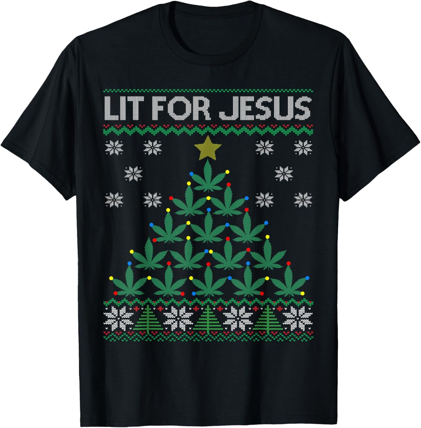 Lit for Jesus Weed Marijuana Cannabis Leaf Christmas Tree T-Shirt - T-Shirt | Black