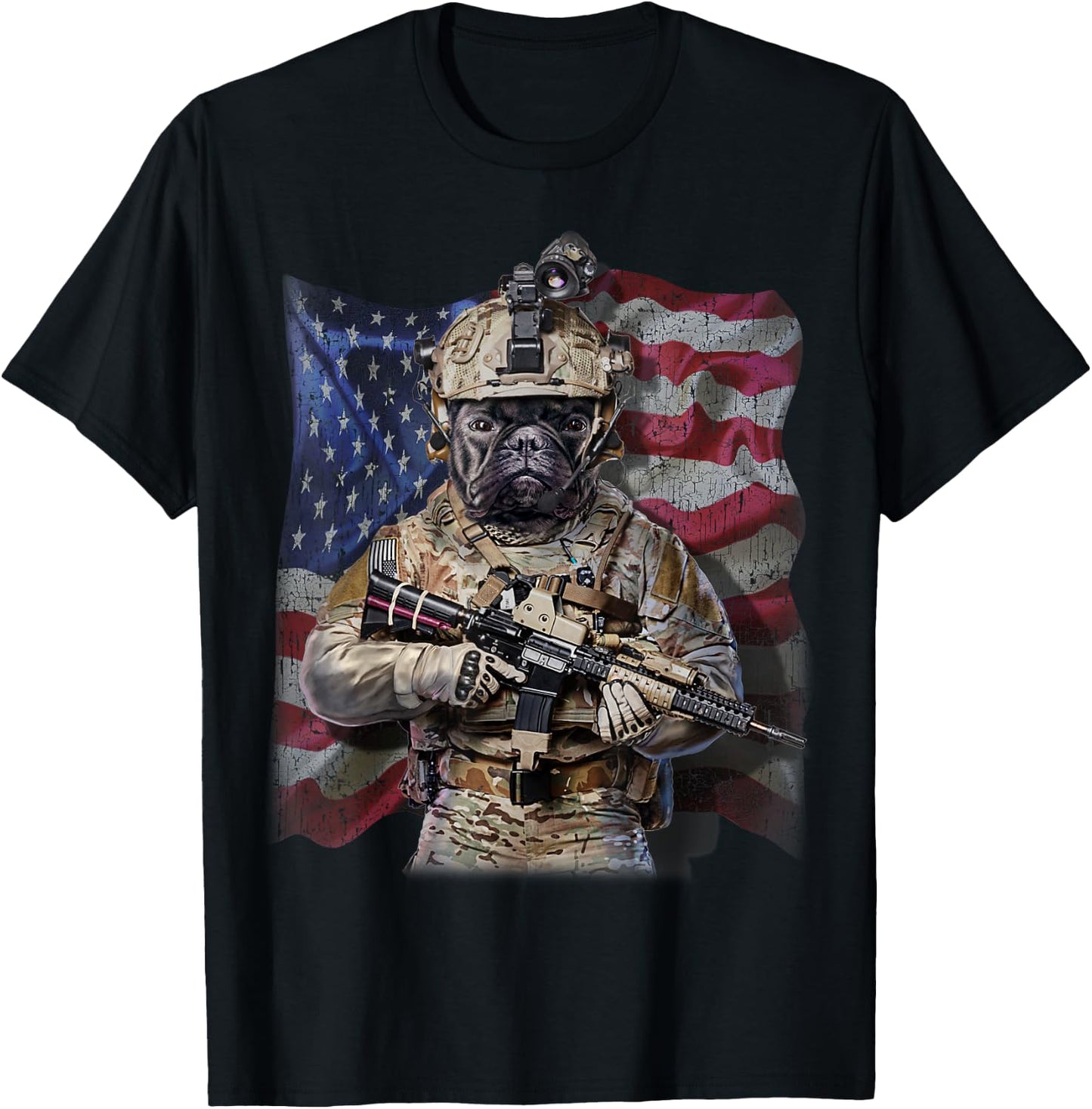 USA America Patriot French Bull Dog as Army Commando T-Shirt - T-Shirt | Black