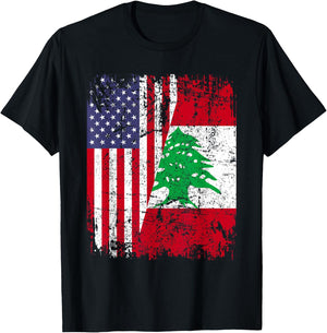 LEBANESE ROOTS | Half American Flag | LEBANON T-Shirt - T-Shirt | Black