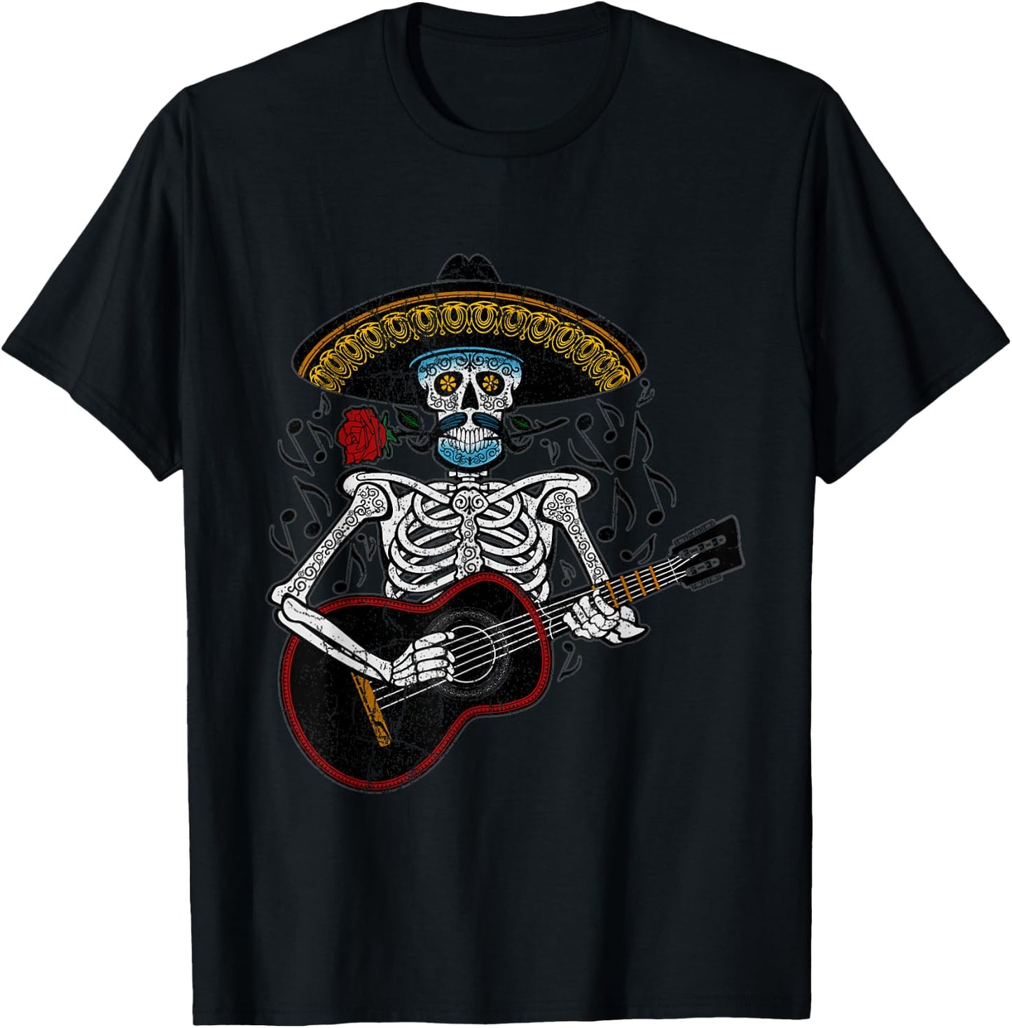 Mariachi Skeleton Playing Guitar Day of The Dead T-Shirt - T-Shirt | Black