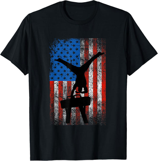 Boys Gymnastics Patriotic US Flag Pommel Horse Male Gymnast T-Shirt - T-Shirt | Black