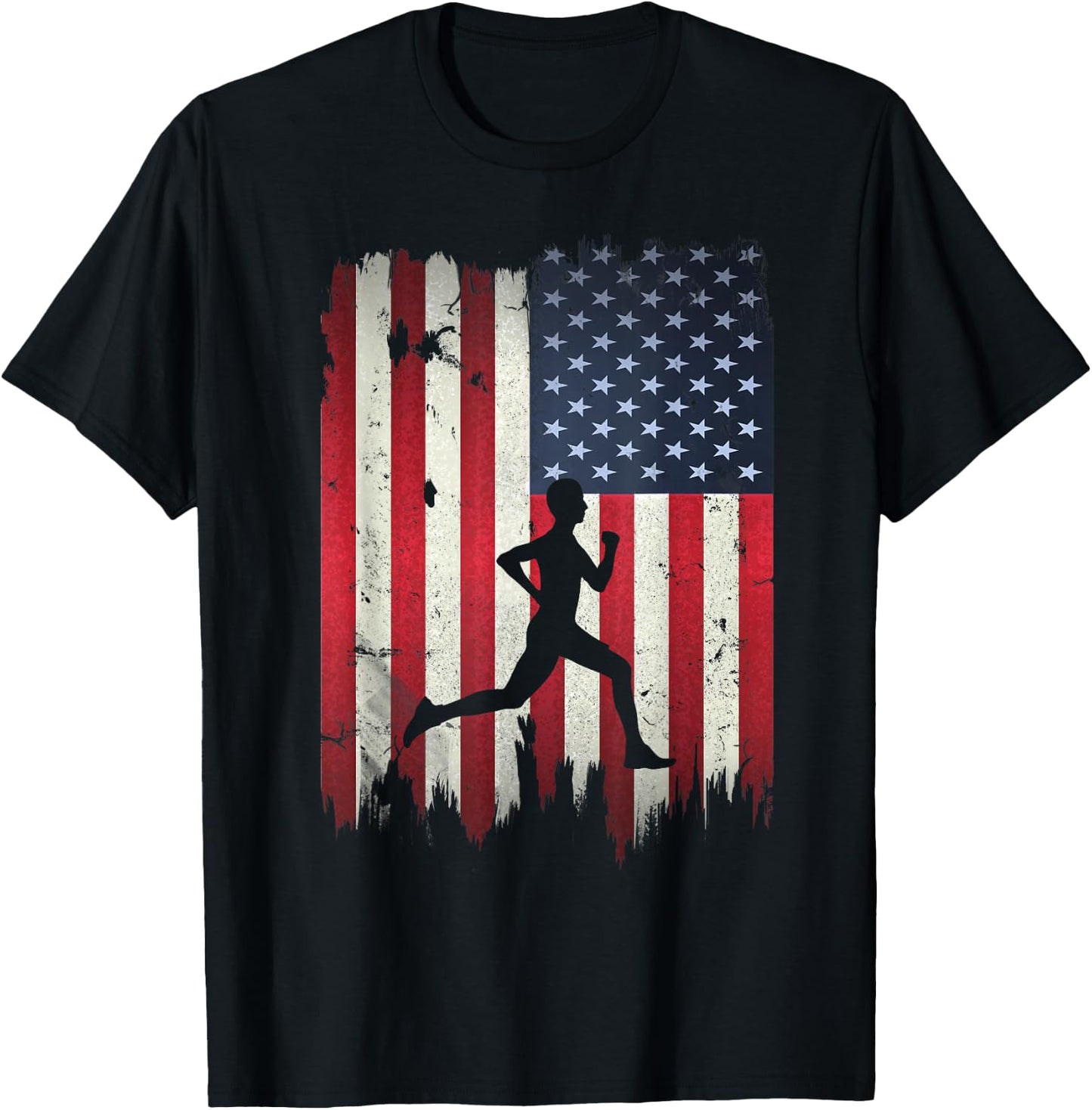 Runner Running USA American Flag 4th of July T-Shirt - T-Shirt | Black