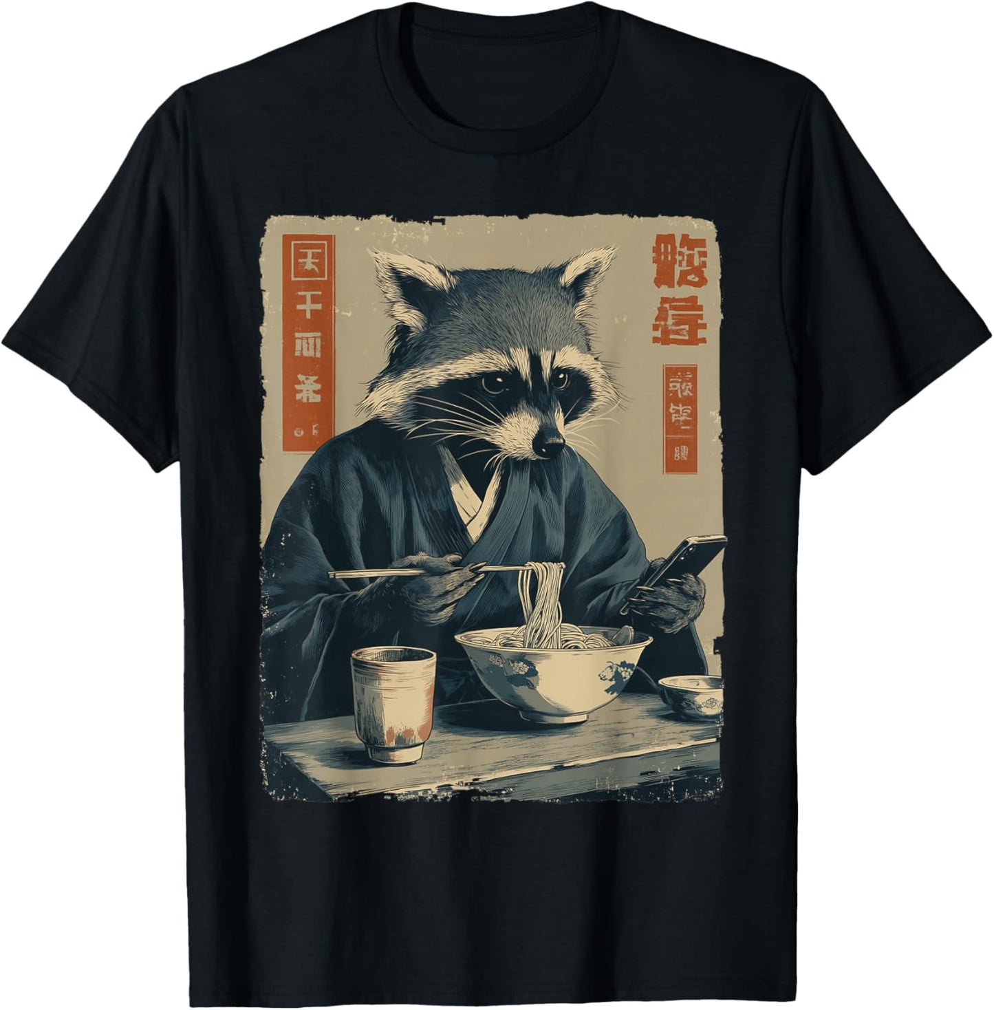 Funny Raccoon Eat Ramen and Scroll Phone Japanese Art T-Shirt - T-Shirt | Black