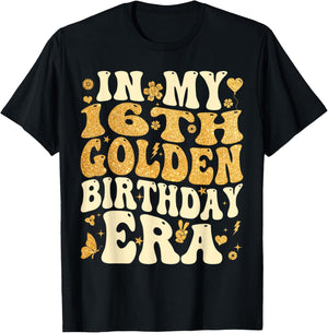 in My 16th Golden Birthday Era 16 Year Old Bday Kids Groovy T-Shirt - T-Shirt | Black