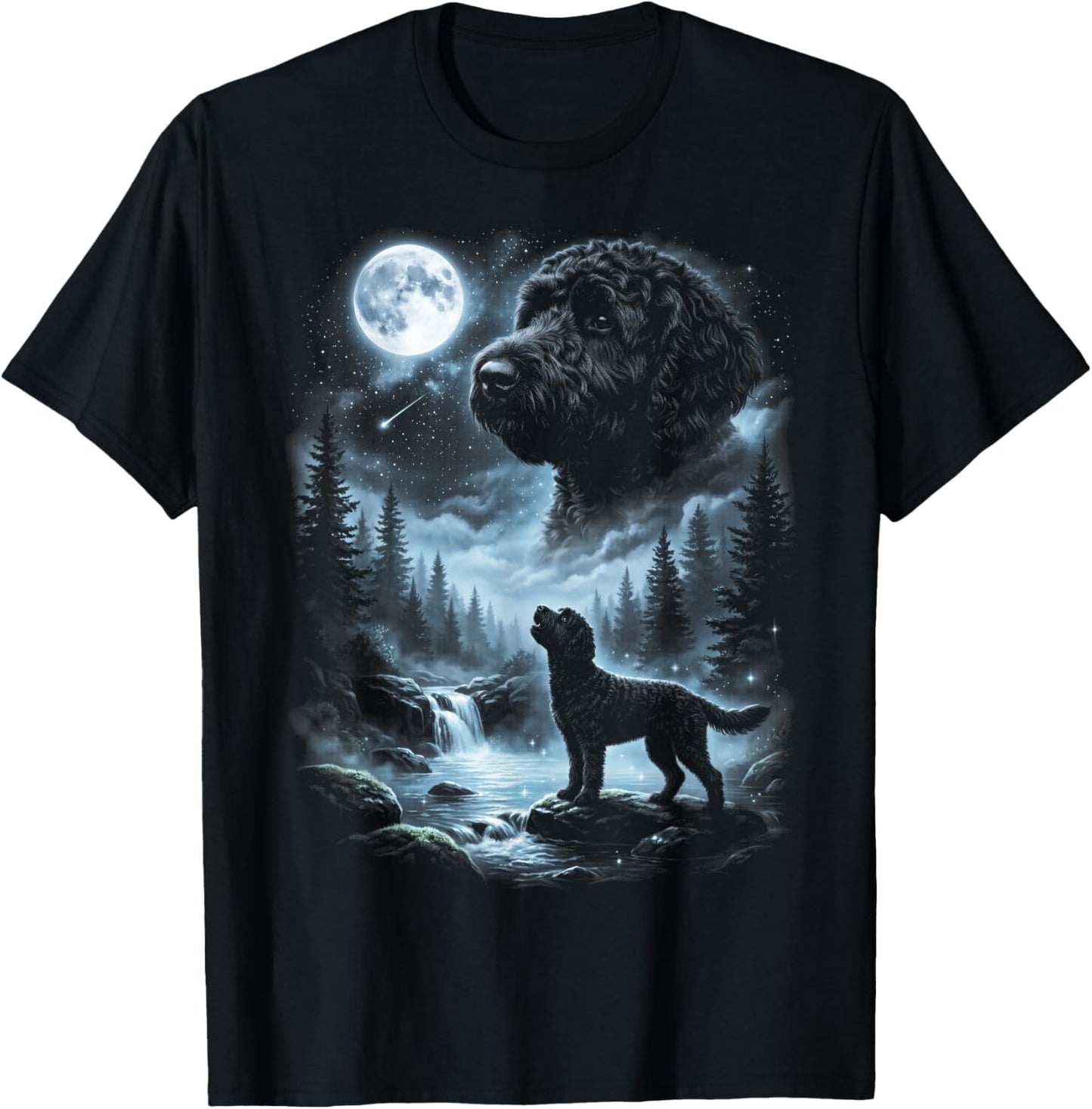 Black Labradoodle Howling to the Moon Retro 90's Doodle Dog T-Shirt - T-Shirt | Black