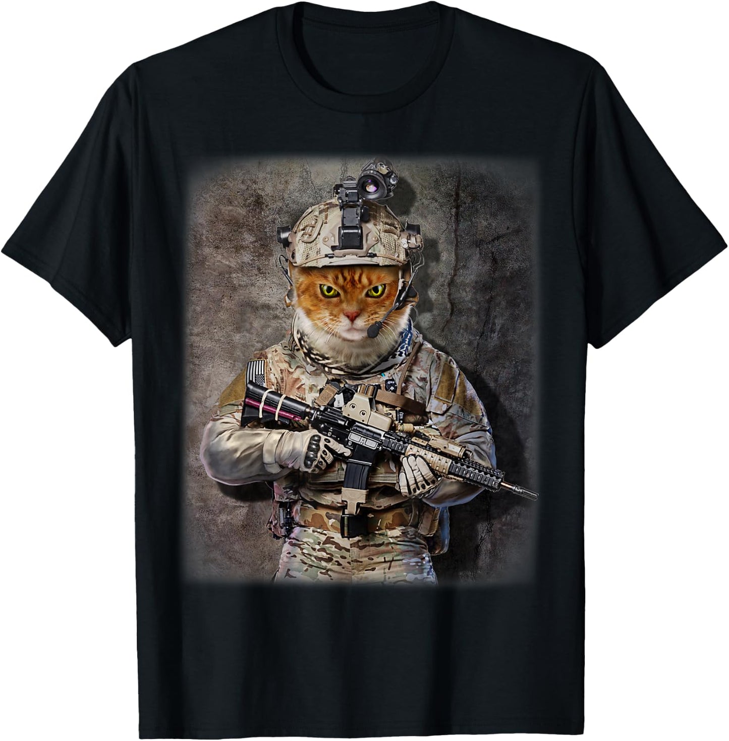 Tabby Cat as Army Commando in Full Tactical Gear T-Shirt - T-Shirt | Black
