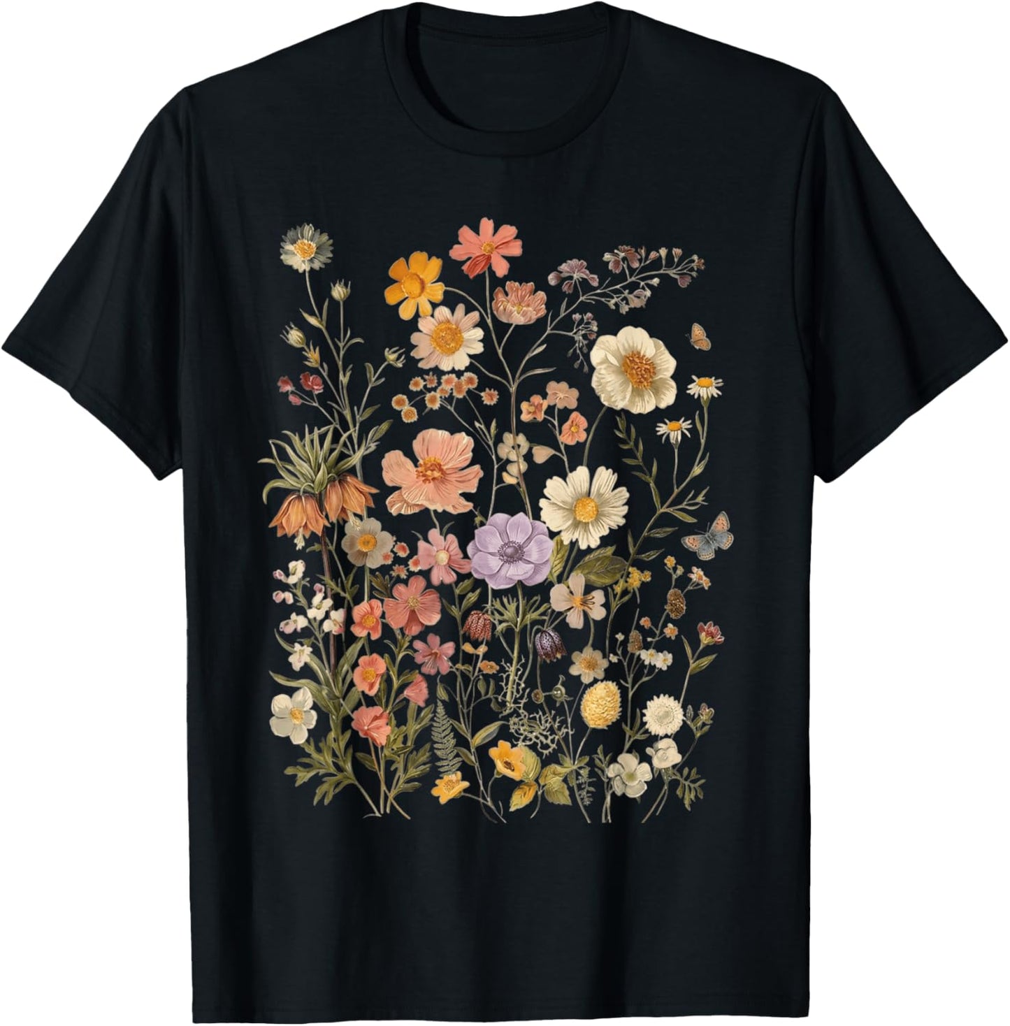 Retro Boho Floral Botanical Wildflower T-Shirt - T-Shirt | Black