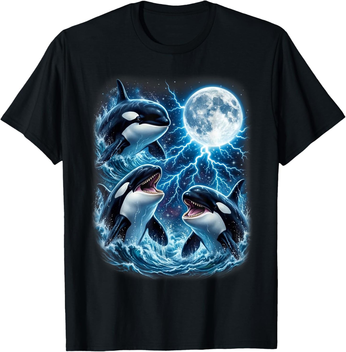 Majestic Three Orca Moon Lightning Sea Life Art T-Shirt - T-Shirt | Black