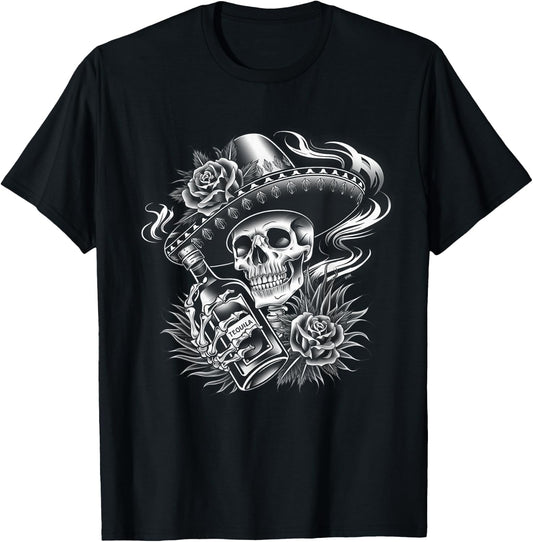 Mexico Vintage Skeleton Tequila Dia De Los Muertos Mexican T-Shirt - T-Shirt | Black