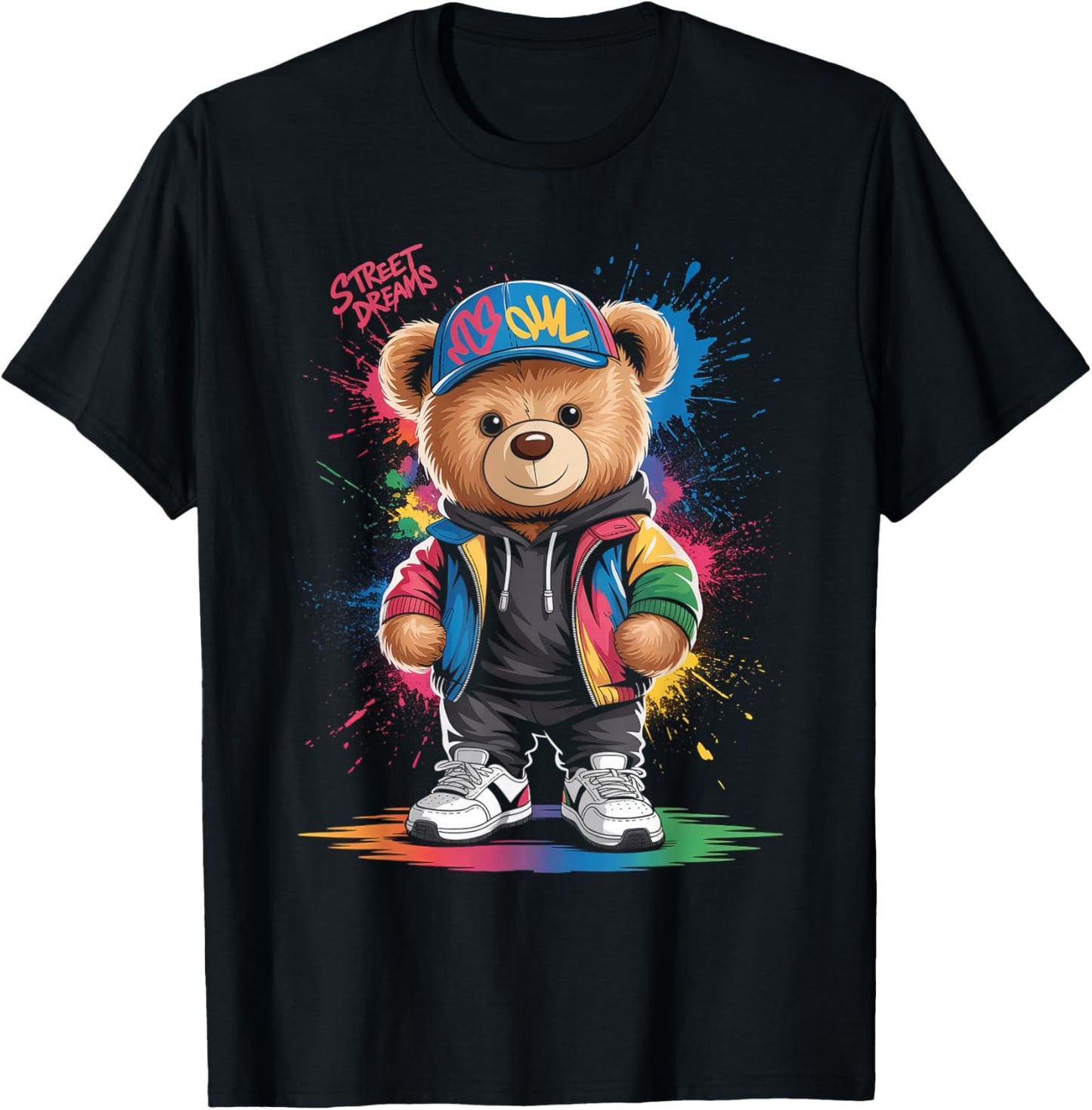 Cute Vintage Teddybear in Street Wear Splash Colours Kids T-Shirt - T-Shirt | Black