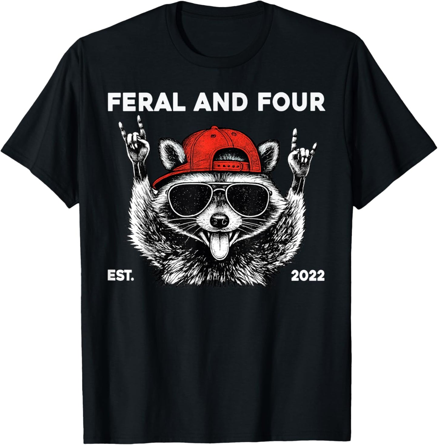 Feral and Four Raccoon Funny 4th Birthday Girls Boys Kids T-Shirt - T-Shirt | Black