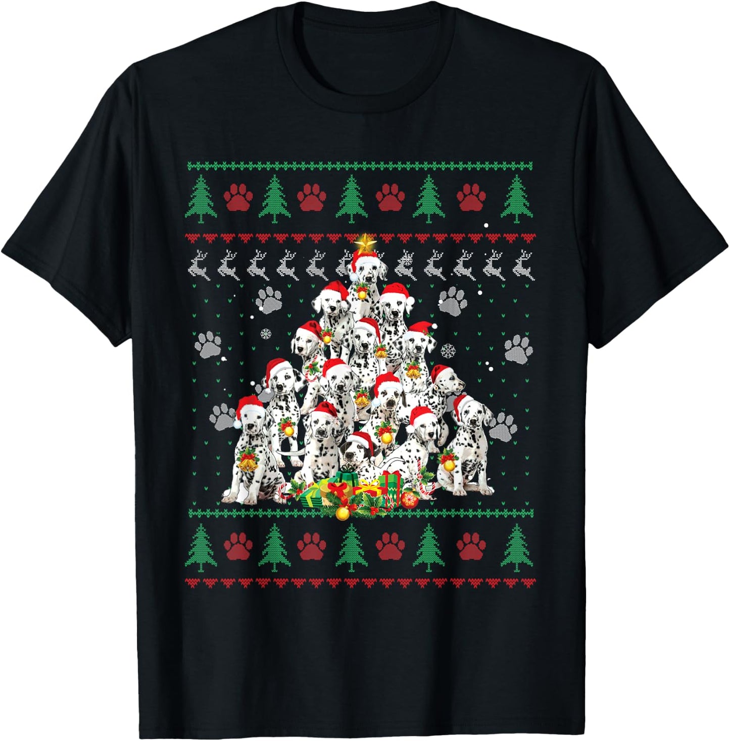 Funny Dalmatian Dog Christmas Tree Ugly Sweater Xmas Tree Women Kids T-Shirt - T-Shirt | Black