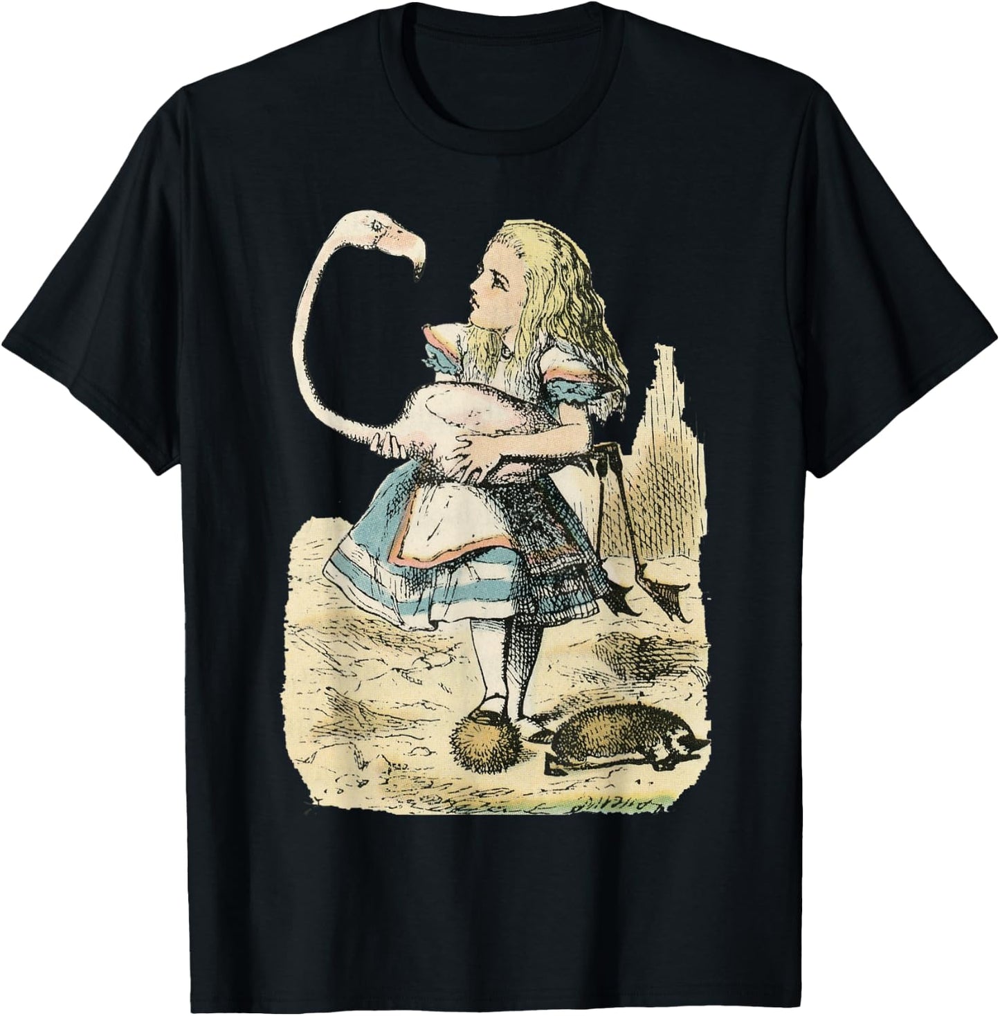 Vintage Alice in Wonderland Flamingo Croquet Illus. T-Shirt - T-Shirt | Black