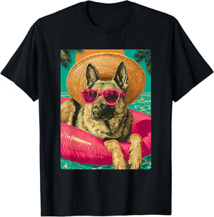 German Shepherd with Sunglasses Cute Dog Tropical Pool Party T-Shirt - T-Shirt | Black
