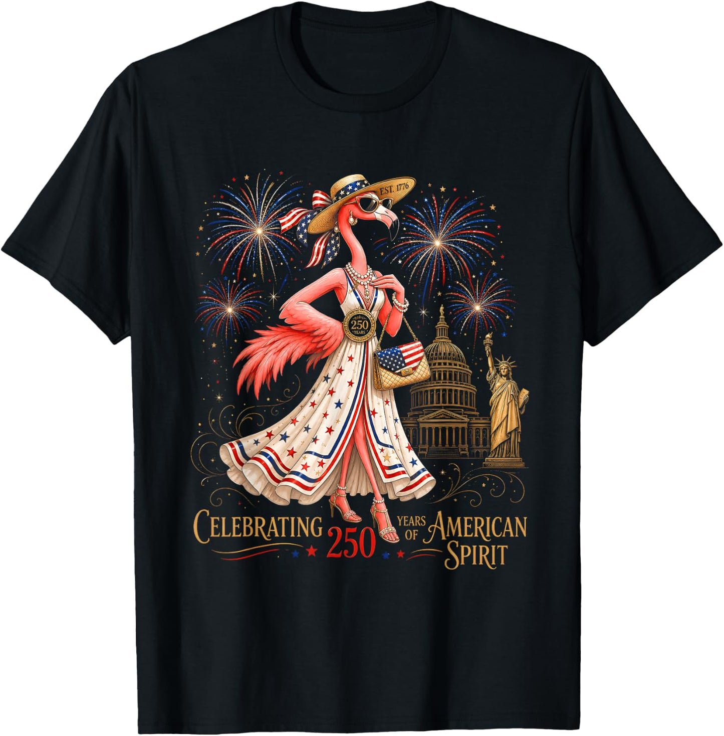 Patriotic Flamingo 250 Years Celebrating American Spirit T-Shirt - T-Shirt | Black