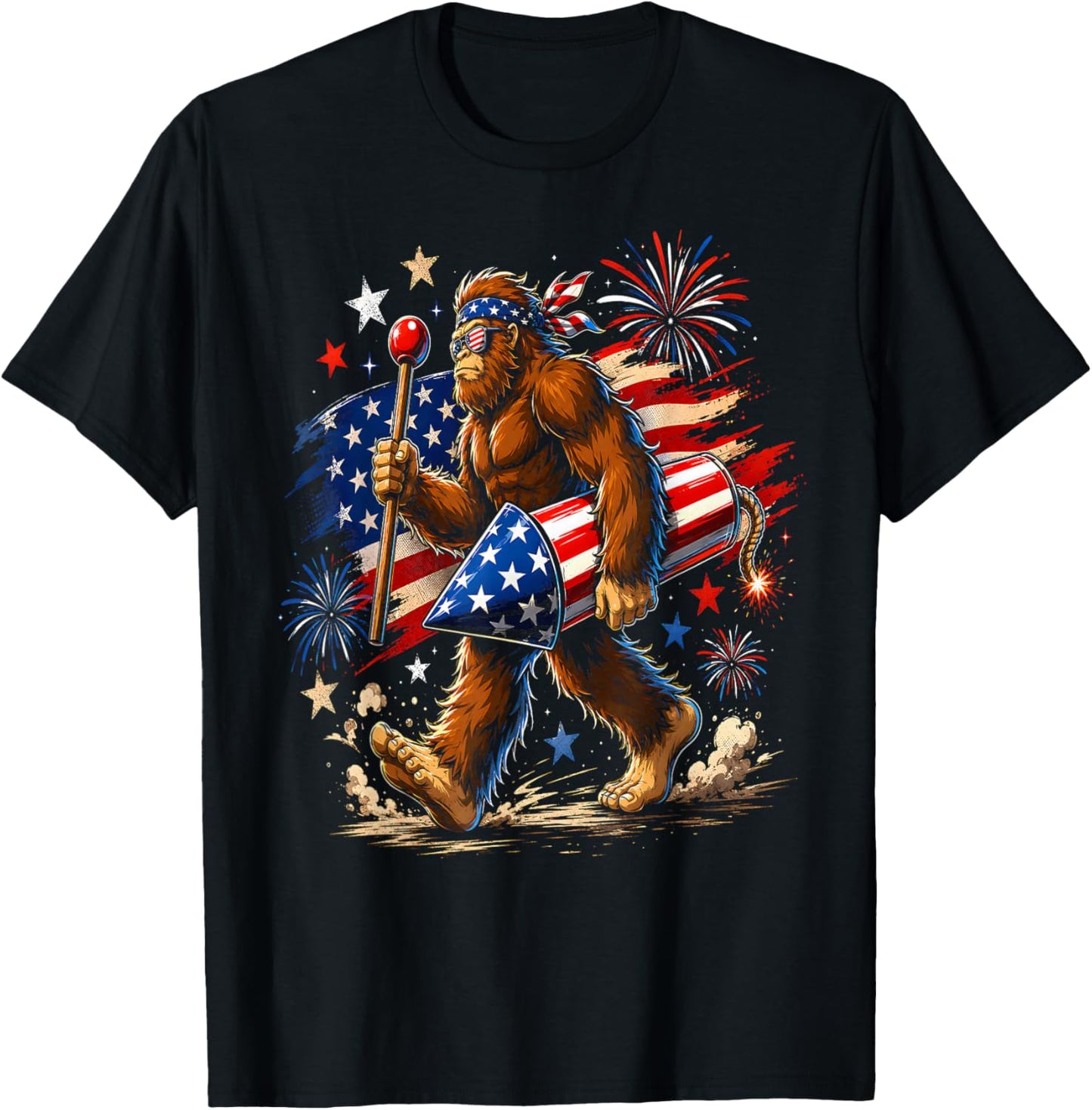 Bigfoot Fireworks 4th of July Men Sasquatch American Flag T-Shirt - T-Shirt | Black