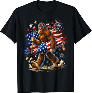 Bigfoot Fireworks 4th of July Men Sasquatch American Flag T-Shirt - T-Shirt | Black