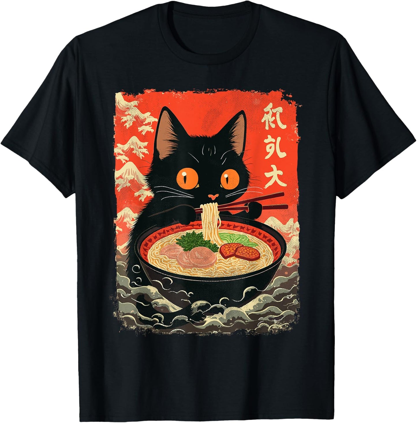 Neko Cat Eating Ramen Anime Kawaii Japanese Noodle Graphic T-Shirt - T-Shirt | Black