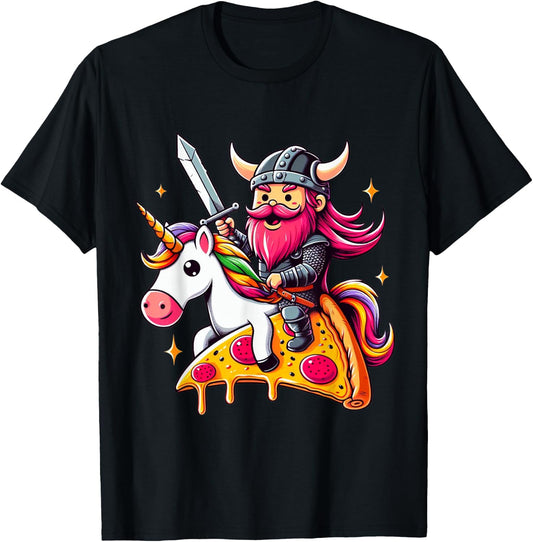 Viking And Unicorn On Pizza Boys Girls Men Women Kids Adults T-Shirt - T-Shirt | Black