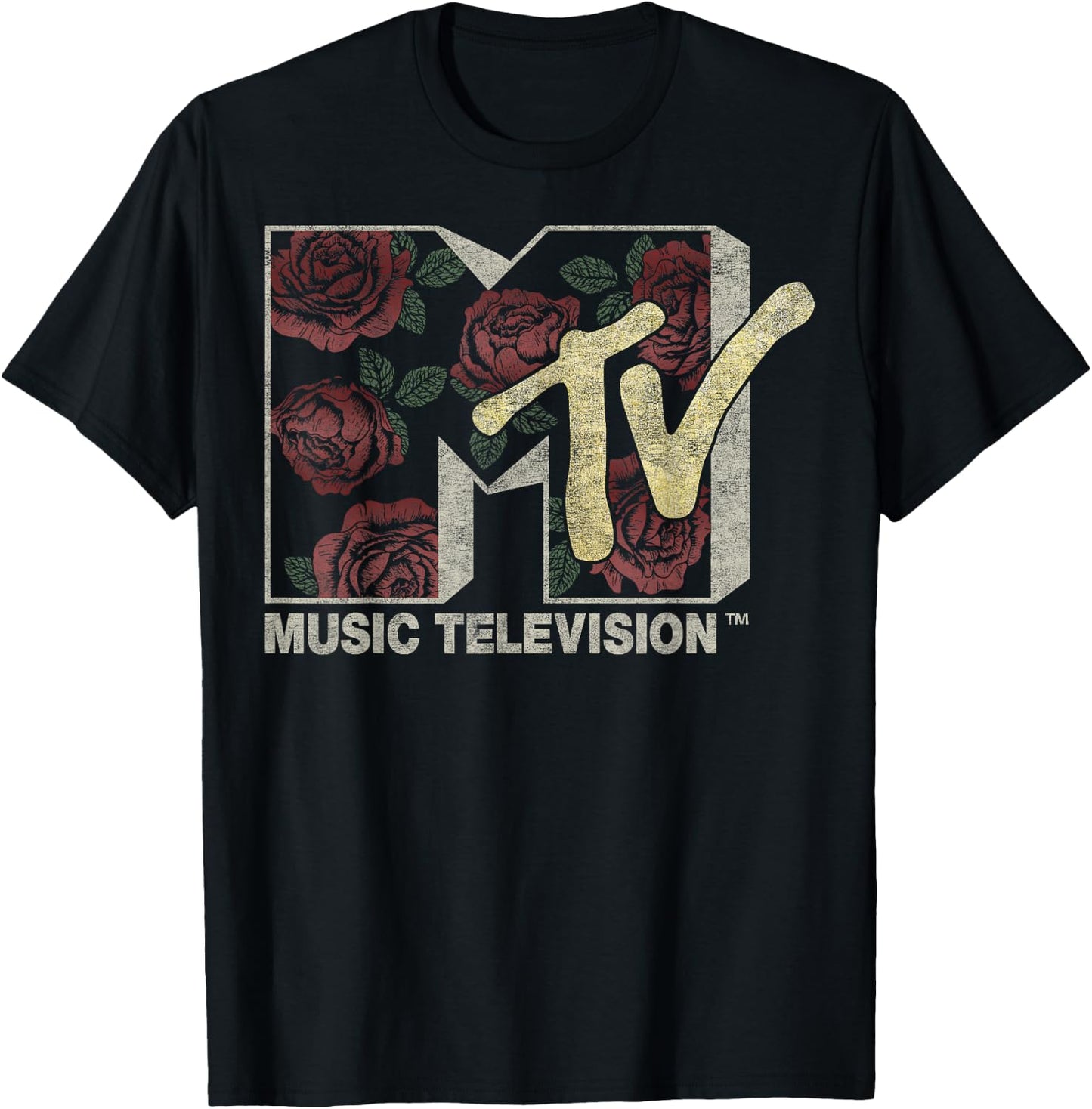 MTV Rose Floral Music Television Logo T-Shirt - T-Shirt | Black