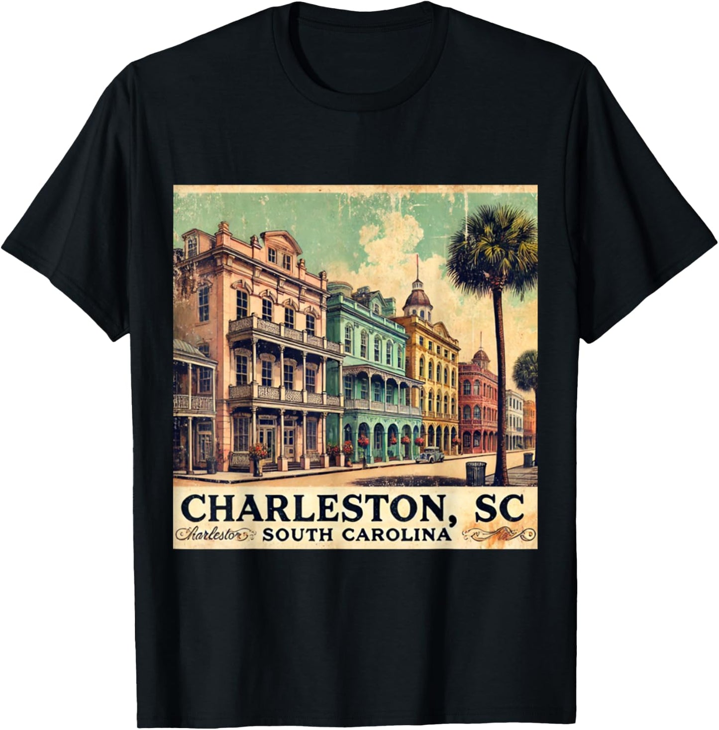 Charleston SC Vintage Postcard Rainbow Row T-Shirt - T-Shirt | Black