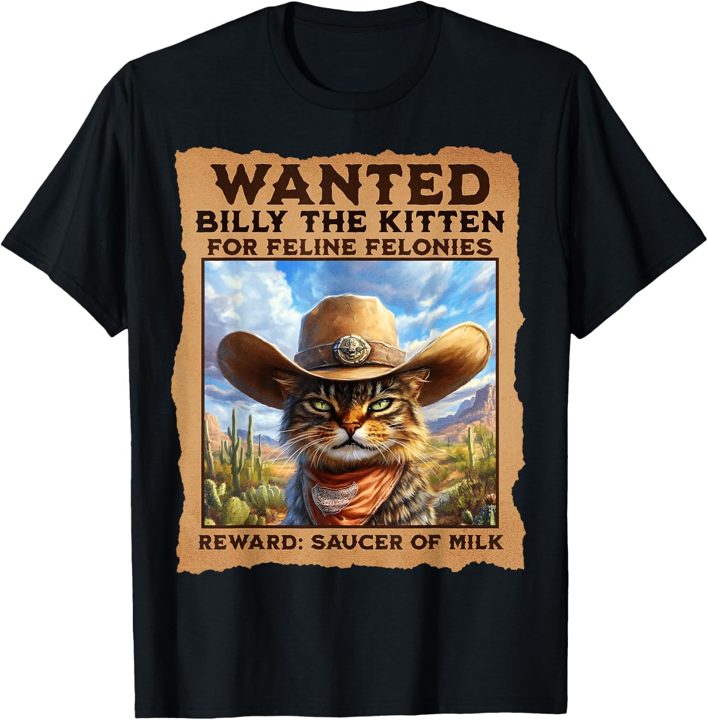 Wanted: Billy the Kitten. Cowboy Cat Western T-Shirt - T-Shirt | Black