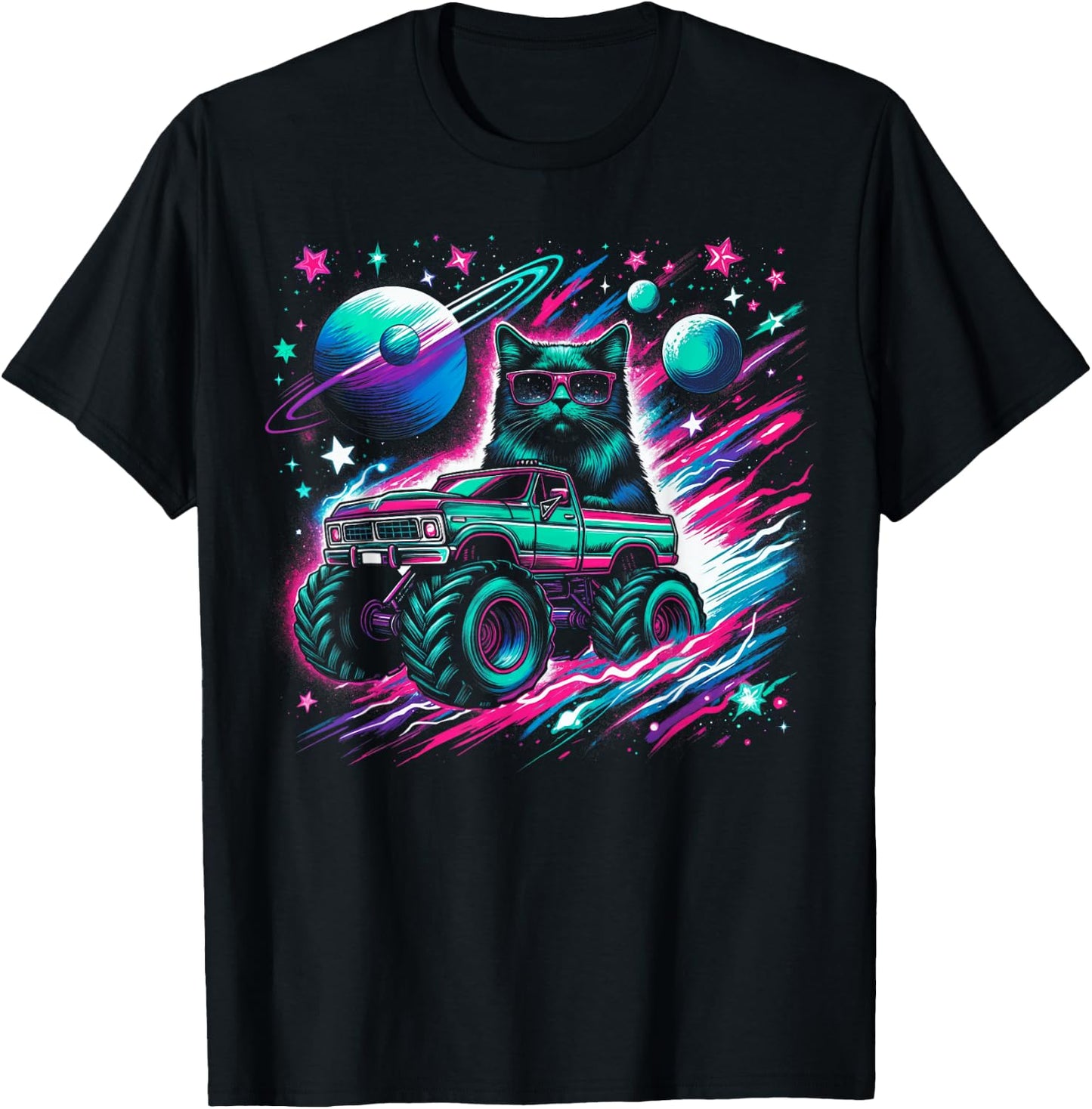 Cool Cat Driving Monster Truck in Cosmic Space Men Women Kids T-Shirt - T-Shirt | Black