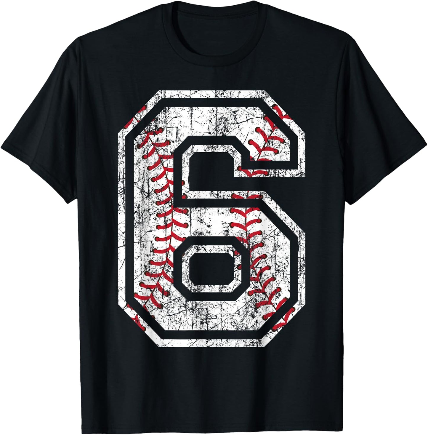 Baseball Jersey Number 6 Vintage Distressed 6th Birthday T-Shirt - T-Shirt | Black