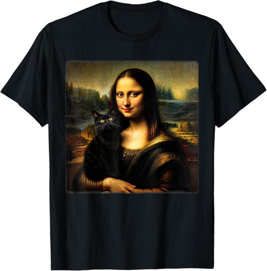 Mona Lisa Holding Black cat Black cat Mom Black cat Dad Cute T-Shirt - T-Shirt | Black