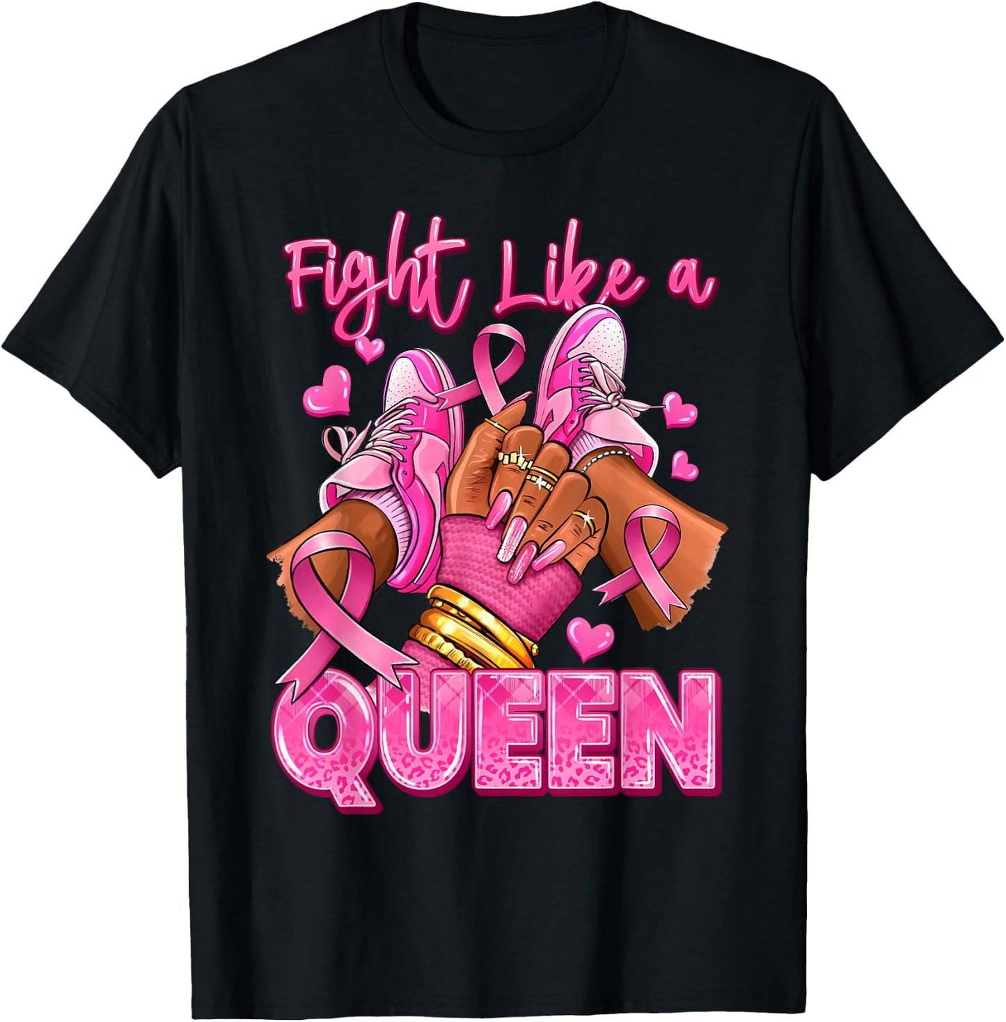 Afro Queen Black Women Breast Cancer Survivor Pink Ribbon T-Shirt - T-Shirt | Black