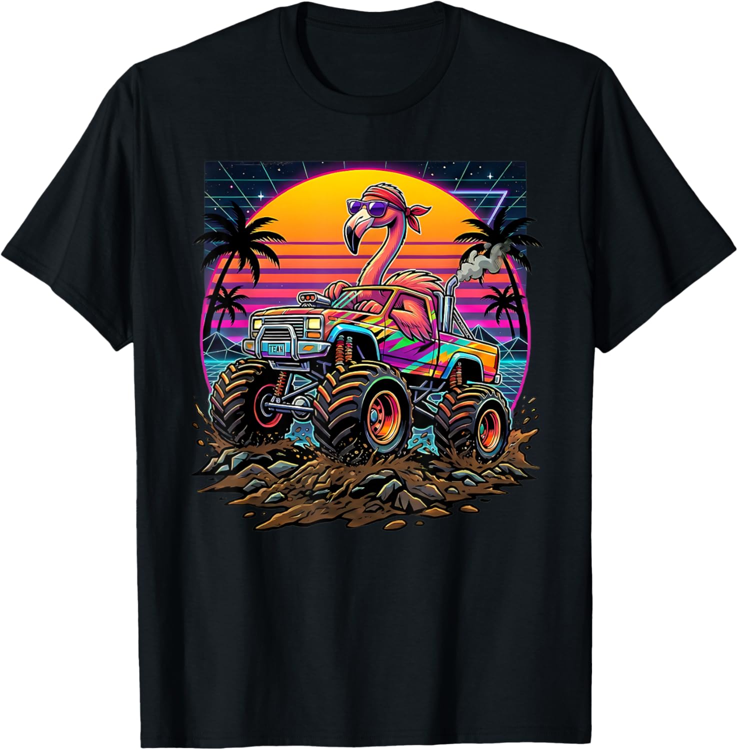Cool Retro Monster Truck Birthday Flamingo Kids T-Shirt - T-Shirt | Black