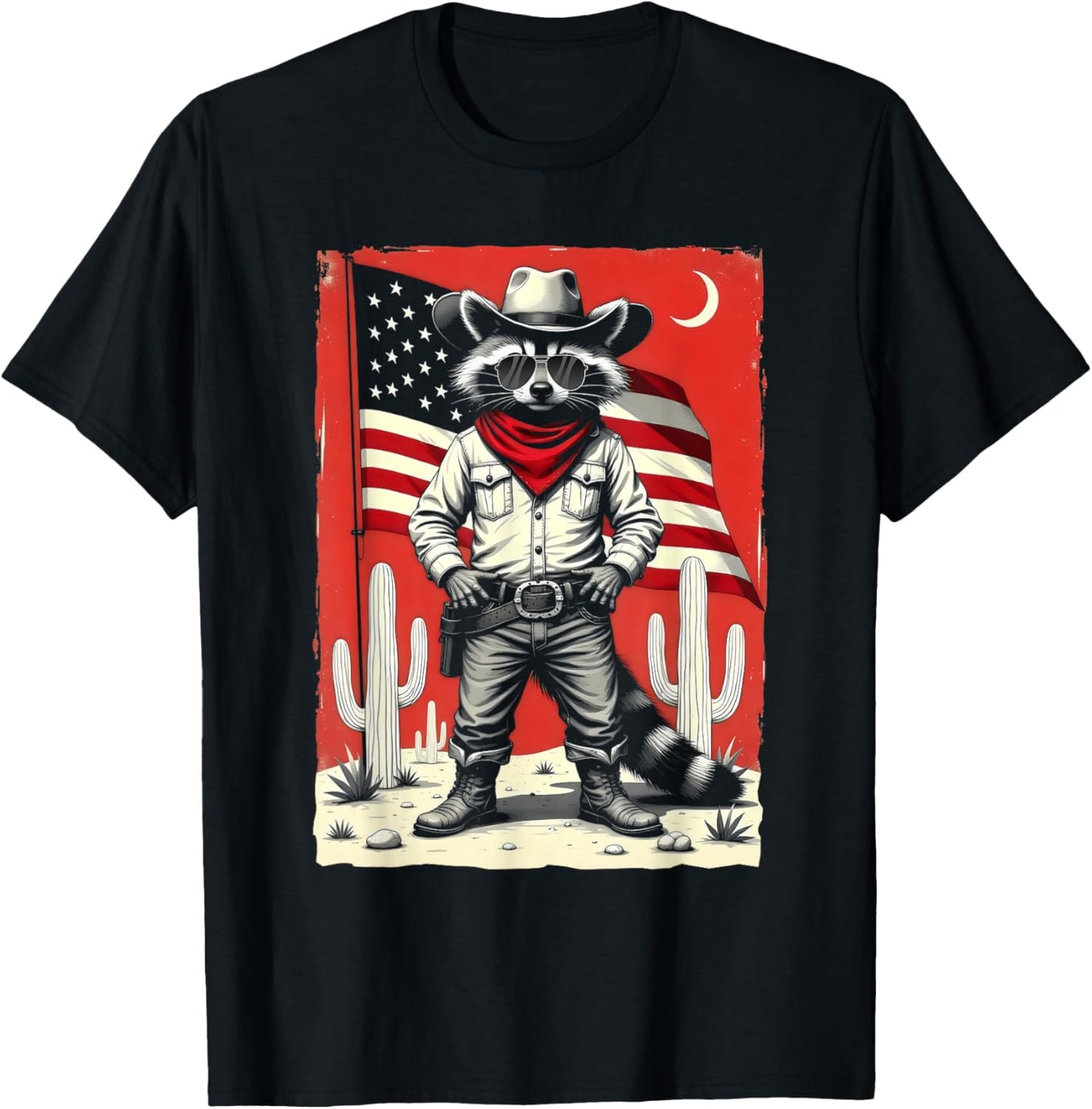 Vintage Racoon Trash Panda Cowboy Western Country Cowgirl T-Shirt - T-Shirt | Black
