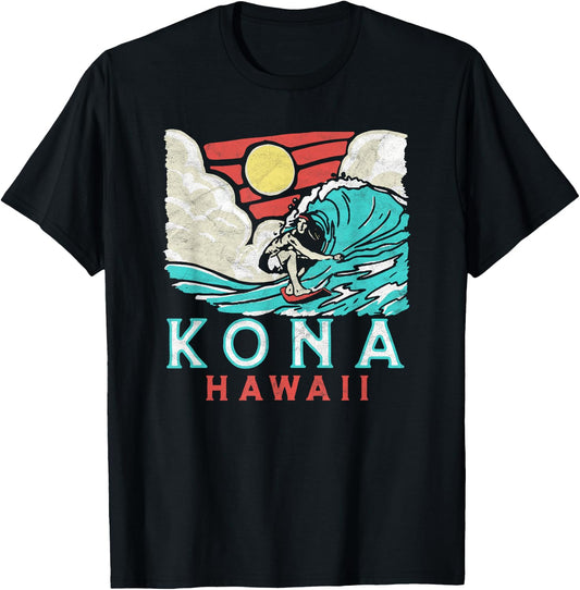 Kona Hawaii Vintage Surfer Retro Vibe 80's Surf Vibe Graphic T-Shirt - T-Shirt | Black