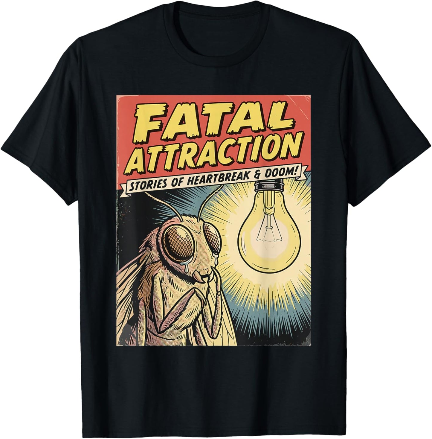 Funny Vintage Comic Book Style Moth Obsessed with Lightbulb T-Shirt - T-Shirt | Black